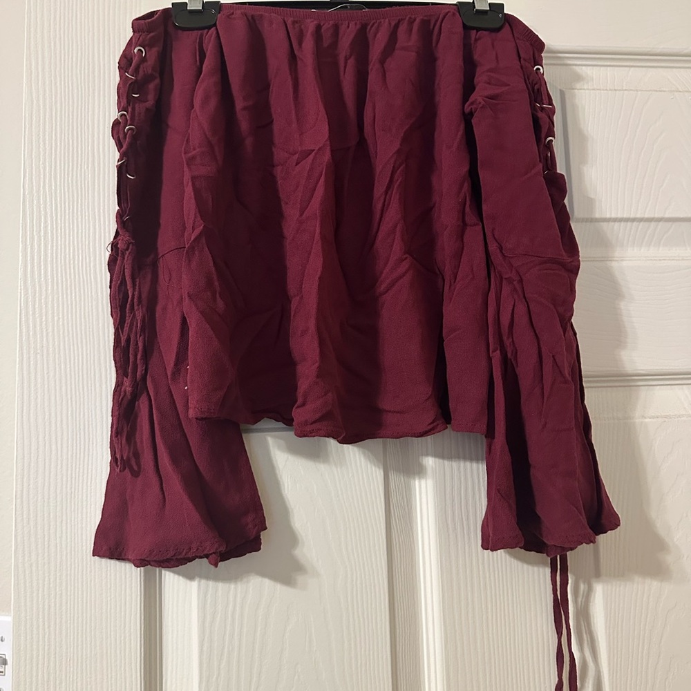 Papaya Maroon Off-Shoulder Lace-Up Flare Sleeve Top | Size S